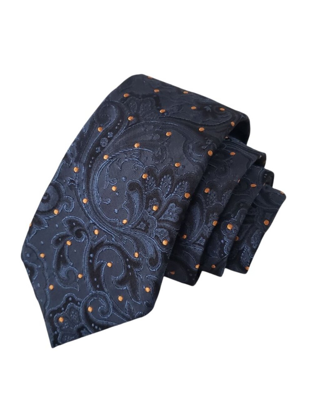 Tino Cosma Silk Skinny Tie Navy Blue Paisley & Orange Polka Dot Made In Italy
